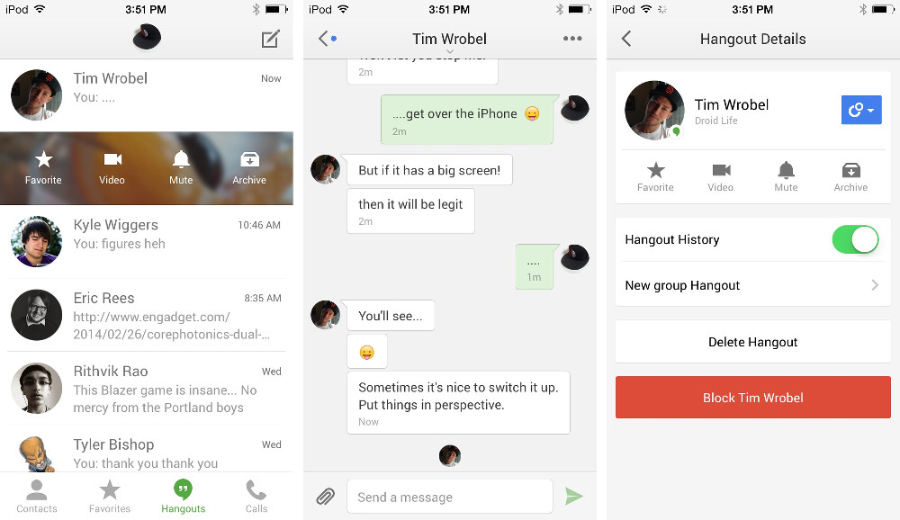 Hangouts App Sees UI Makeover Plus 10-second Videos, Animated Stickers, Favorites, Swiping Actions…on iOS