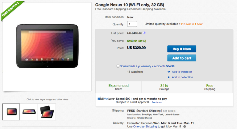 Deal:  Brand New Nexus 10 32GB for $329 With Free Shipping From eBay