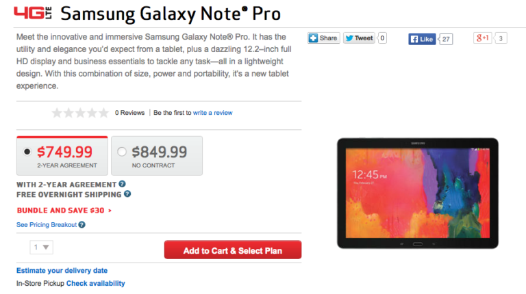 Holy Sh*t, Galaxy NotePRO 12.2 is $750 on Contract at Verizon