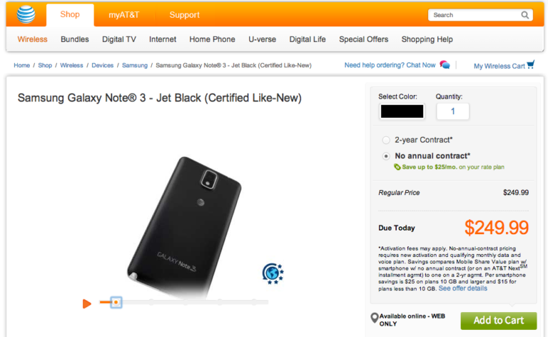 Crazy Deal:  Galaxy Note 3 (Certified Like-New) on AT&T is $249 Off Contract