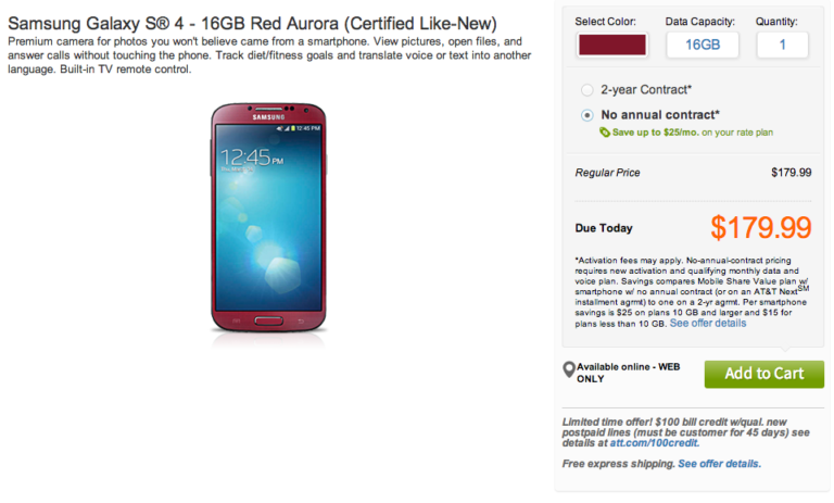 Crazy Deal Part 2:  Galaxy S4 “Certified Like-New” From AT&T for $179 Off-Contract