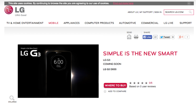 LG G3 Landing Page Shows Up on LG’s UK Site, Sports Model Number D855