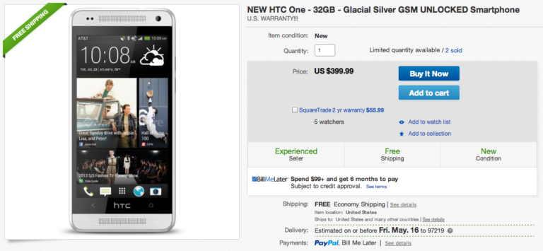 Deal:  Unlocked AT&T HTC One (M7) Available for $399