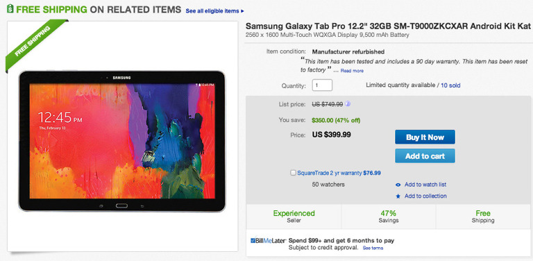 Deal:  Samsung Galaxy TabPRO 12.2 for $399 on eBay
