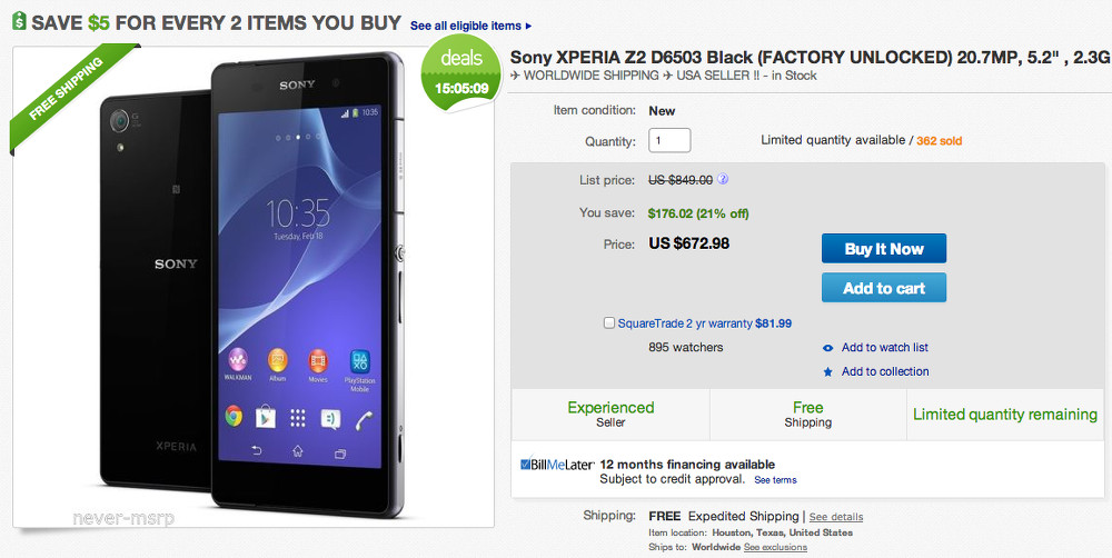 Deal:  Unlocked Sony Xperia Z2 for $672 Through eBay