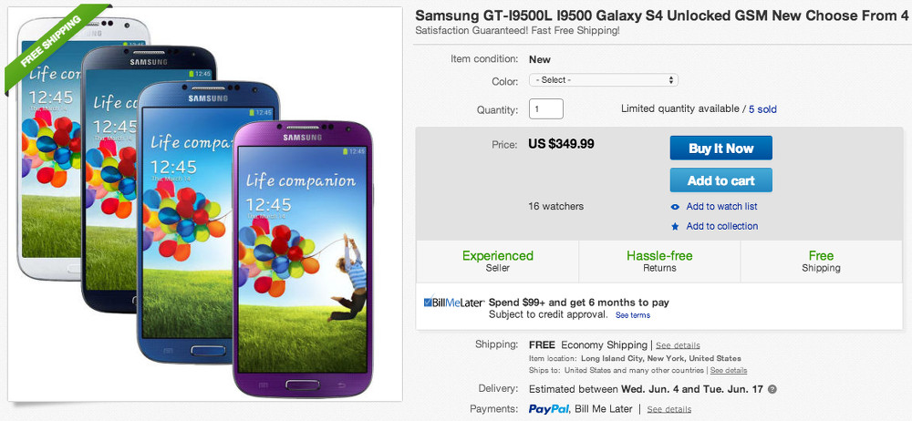 Deals:  Unlocked Galaxy S4 for $350, G2 Mini for $250 on eBay