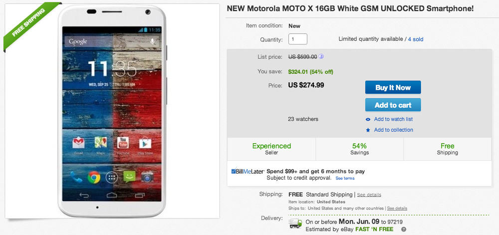 Deal:  Brand New, Unlocked AT&T Moto X on eBay for $275