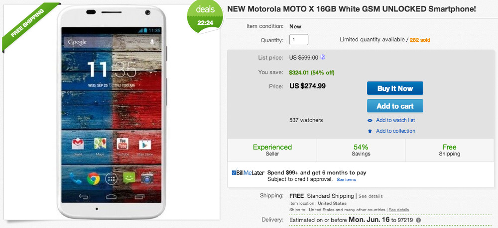 Deal:  Moto X 16GB for $274, Nexus 5 16GB for $334, Galaxy S4 for $349