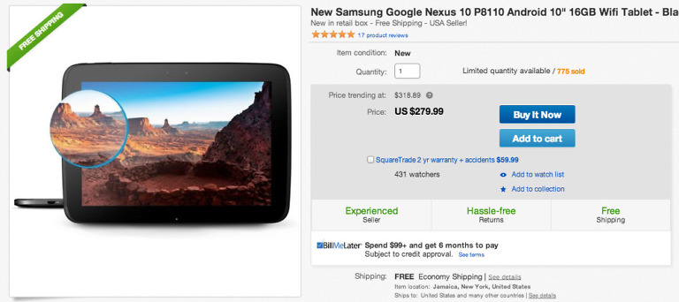 Deal:  Brand New Nexus 10 16GB for $279 on eBay