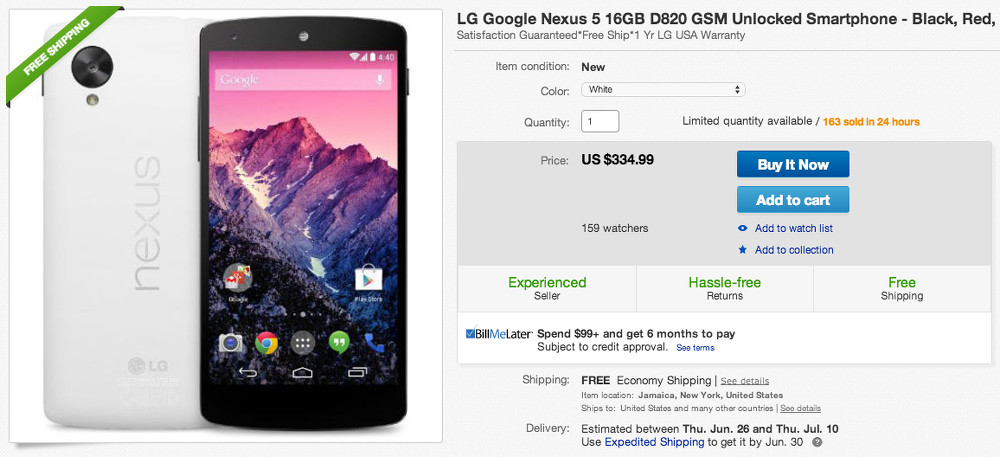 Deal:  Nexus 5 16GB for $334 and Free Shipping From eBay