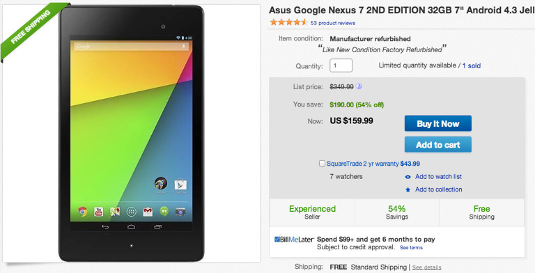 Deal:  Refurbished Nexus 7 (2013) 32GB for $159.99 on eBay