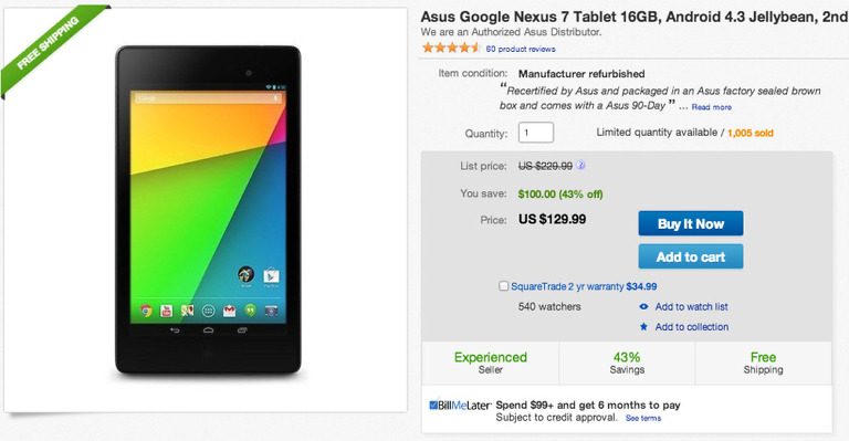 Deal:  Refurbished Nexus 7 (2013) 16GB for $129 From eBay, 32GB for $169