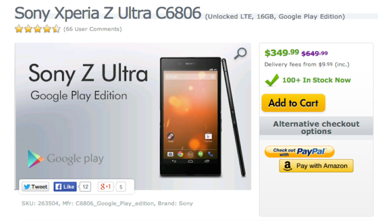 Deal: Sony Xperia Z Ultra Google Play Edition on Sale for $349.99