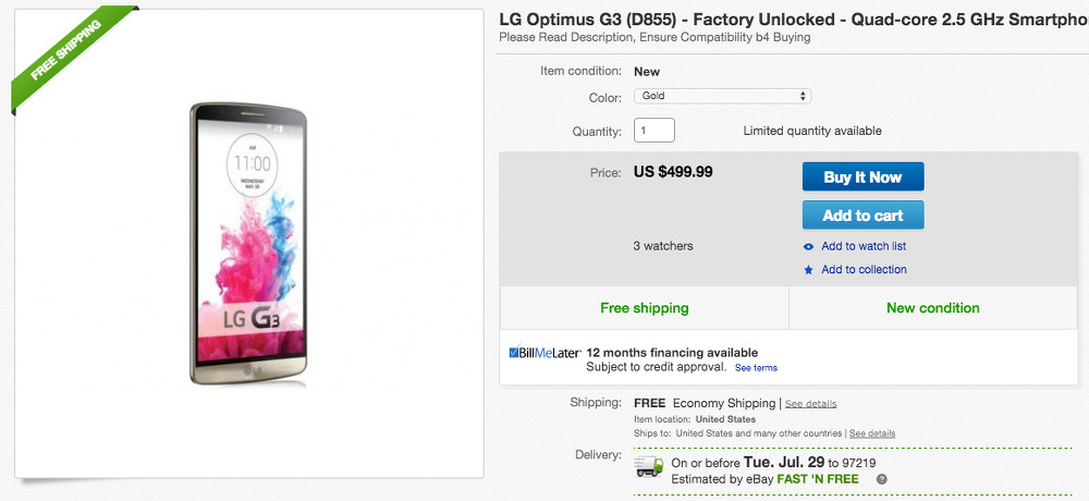 Deal:  Unlocked LG G3 in White, Gold, or Black for $499 on eBay Daily Deals