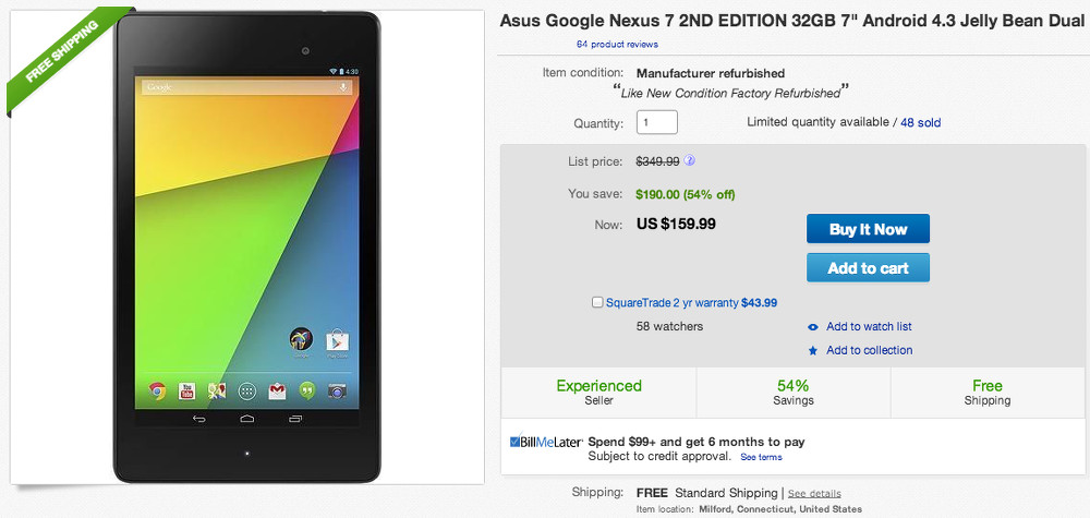 Deal:  Nexus 7 (2013) WiFi 32GB for $159 From eBay