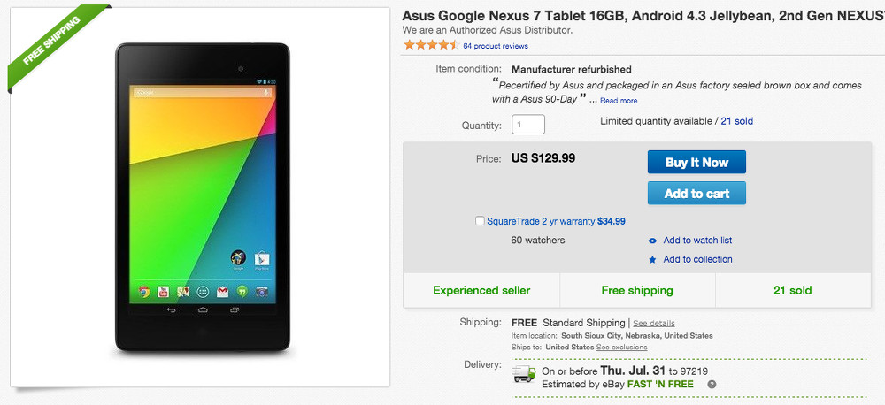Deal:  Nexus 7 (2013) 16GB for $129 on eBay Deals, $100 Off