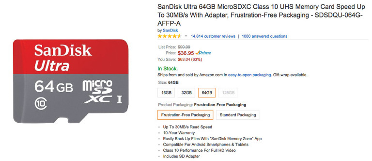 Deal:  SanDisk Micro SD Cards Up to 76% Off at Amazon, 64GB for $36.95