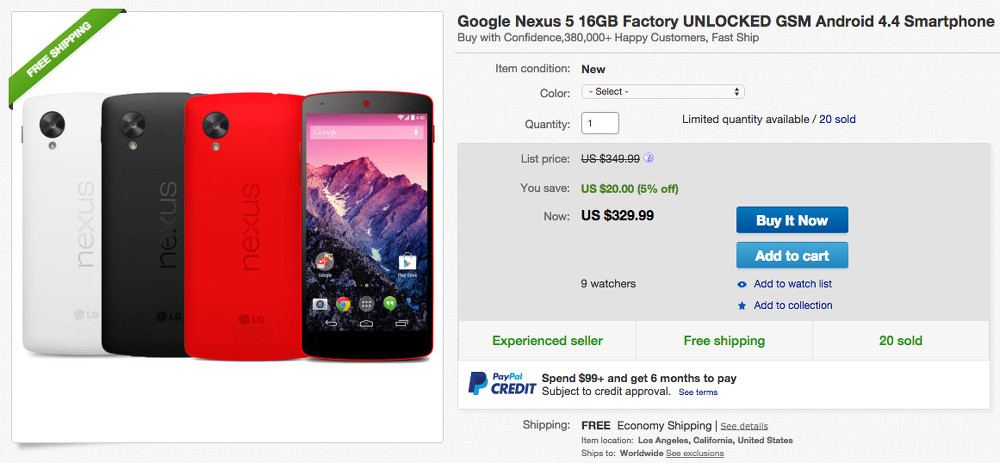 Deal:  16GB Nexus 5 in Black or Red for $329, Plus Free Shipping