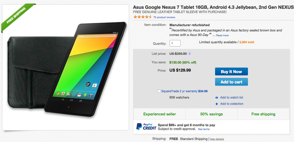 Deal:  16GB Nexus 7 (2013) Plus Free Leather Case on Sale for $129 Today Through eBay