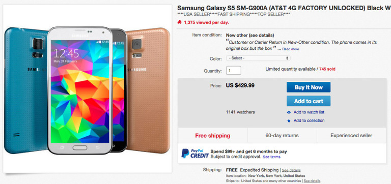 Deal:  Unlocked AT&T Galaxy S5 in Black, White, or Gold for $429