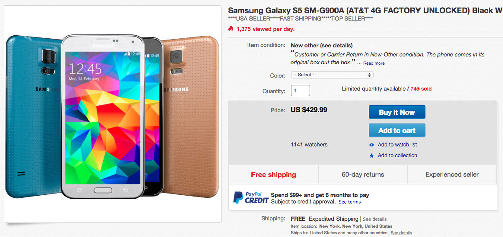 Deal:  Unlocked AT&T Galaxy S5 in Black, White, or Gold for $429
