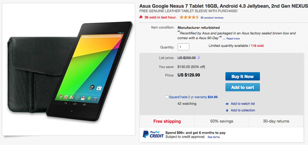 Deal: 16GB Nexus 7 (2013) Plus Free Leather Case on Sale for $129 Today Through eBay