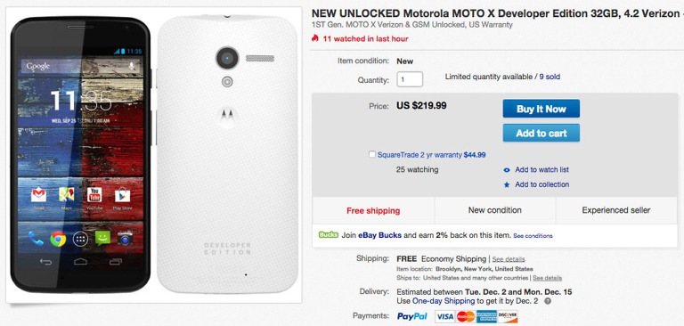 Deal:  Verizon Moto X (1st Gen) Developer Edition for $219