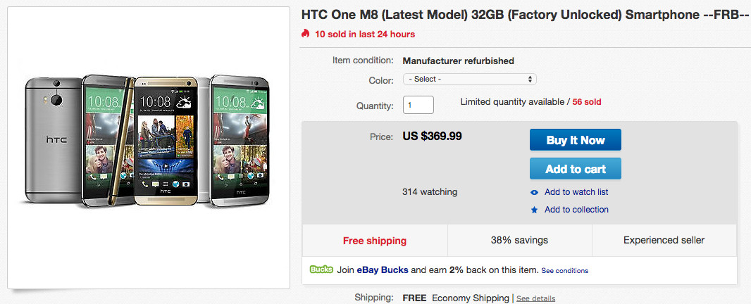 Deal:  Unlocked HTC One (M8) in Grey, Gold, or Silver for $369