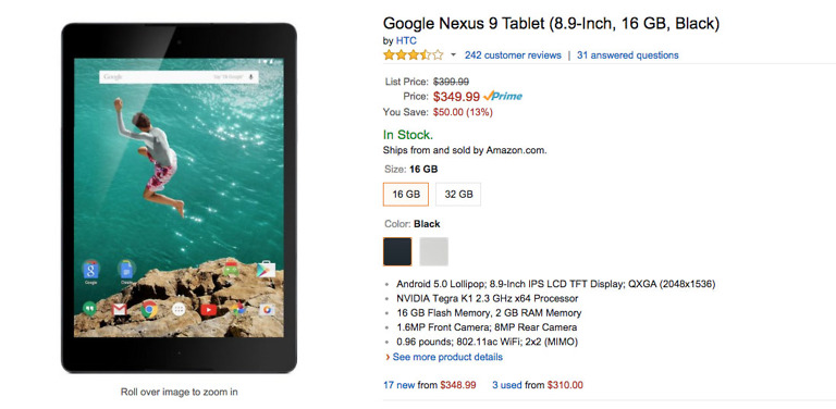 Deal:  Nexus 9 is $50 Off at Amazon
