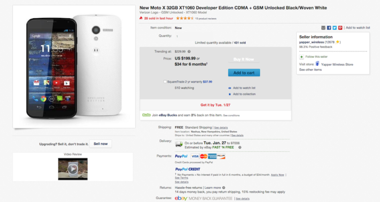Deal: eBay Selling Moto X (1st Gen) 32GB Developer Edition for $199