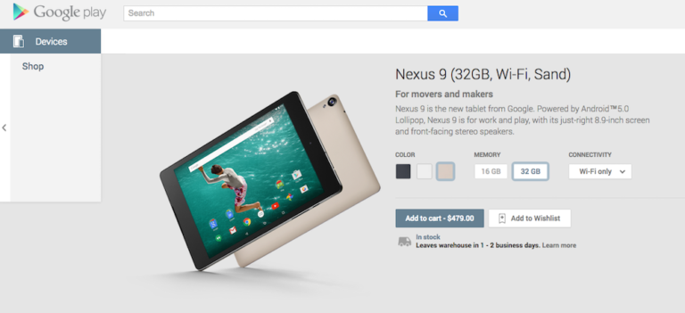 Nexus 9 in Sand Color Now Available for Purchase in Google Play, Priced at $480