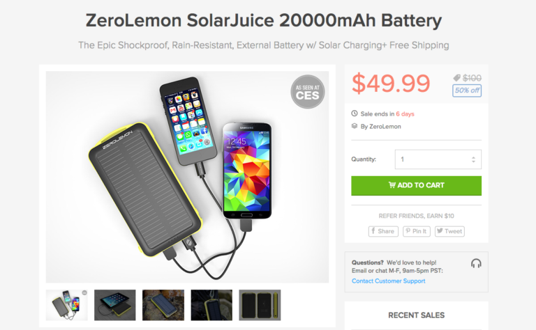 Deal: ZeroLemon SolarJuice 20,000mAh Battery Pack for $50