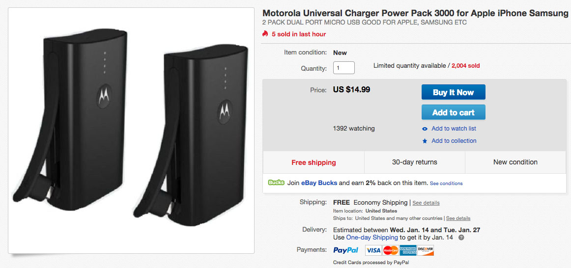 Deal of the Week:  Motorola 3,000mAh Power Pack for $8.99 (Regularly $50), 2-Pack for $14.99