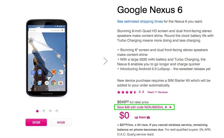 Save $48 on the Nexus 6 at T-Mobile With This Coupon Code