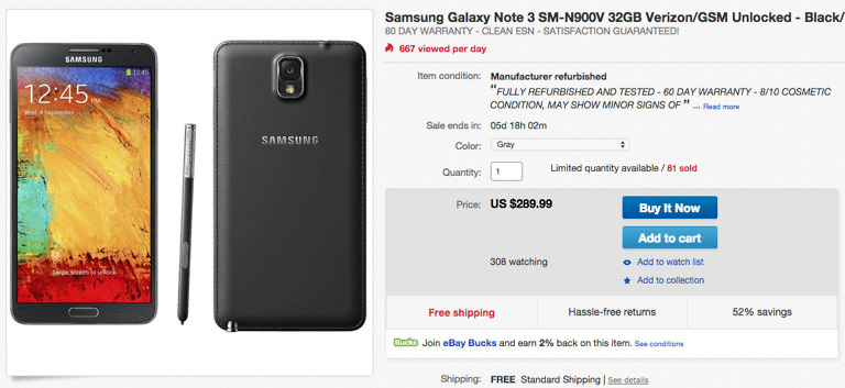 Deal:  Refurbished Verizon Galaxy Note 3 for Just $289