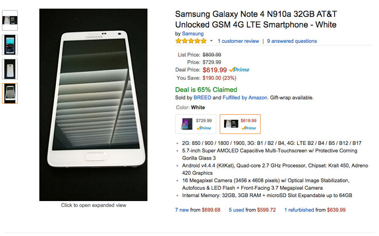 Lightning Deal:  Unlocked AT&T Galaxy Note 4 for $620 (Update:  Deal Completed)