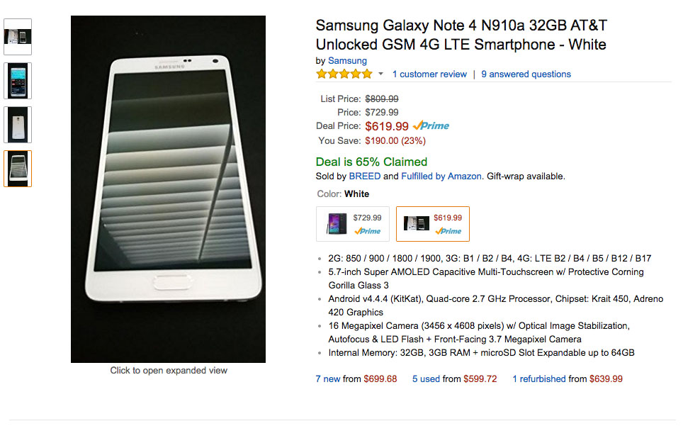 Lightning Deal:  Unlocked AT&T Galaxy Note 4 for $620 (Update:  Deal Completed)