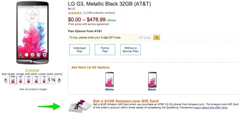 Deal:  Buy an AT&T LG G3 From Amazon for Cheap, Get $100 Gift Card