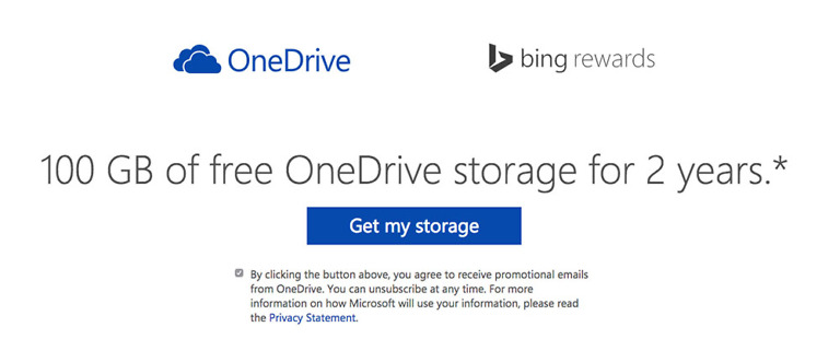 Free:  100GB of Microsoft OneDrive Storage by Signing Up for Bing Rewards