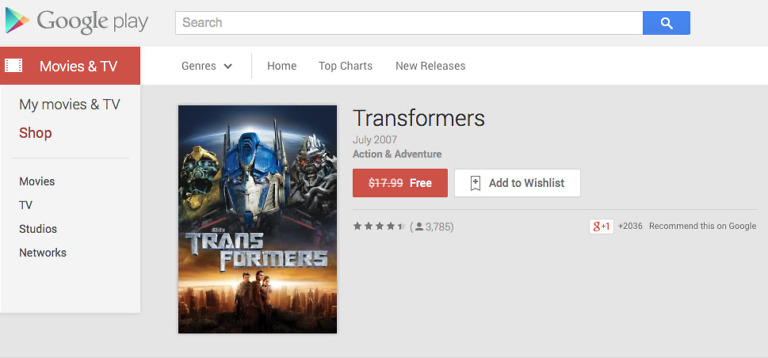 Free on Google Play:  First Transformers Movie and Coldplay’s Ghost Stories