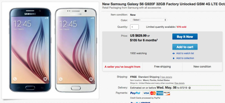 Deal:  New Unlocked Galaxy S6 (SM-G920F) for Just $629
