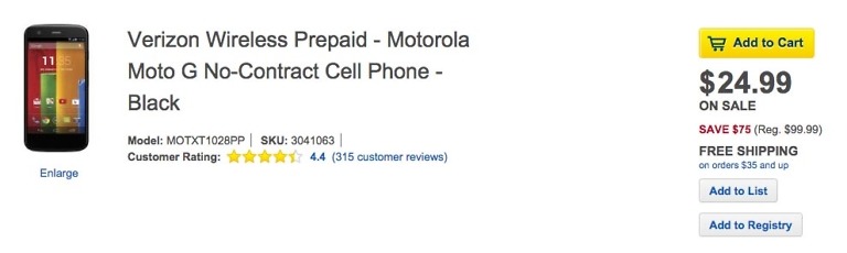 Deal:  Verizon Moto G is Just $25 at Best Buy for 4 Hours