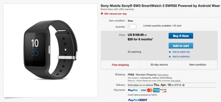 Deal:  New Sony Smartwatch 3 for $169 ($80 Off)
