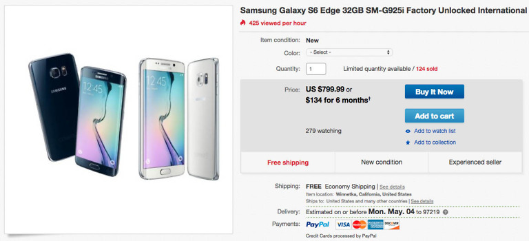Deal:  New Unlocked Galaxy S6 Edge (SM-G925i) for $799
