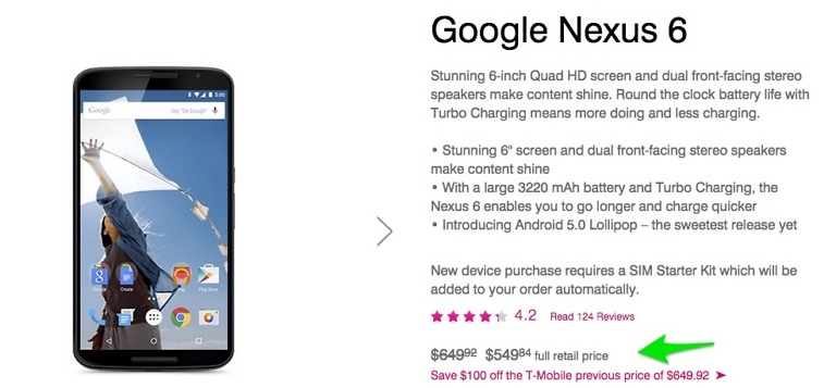 Deal:  Nexus 6 Drops to $550 at T-Mobile ($100 Off)