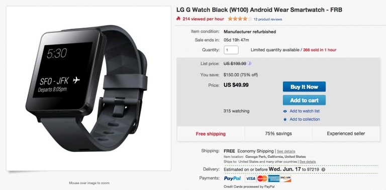 Deal:  LG G Watch (Refurbished) for $50 on eBay
