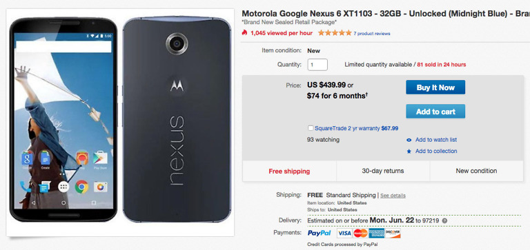 DEAL:  Nexus 6 32GB for $440 on eBay!