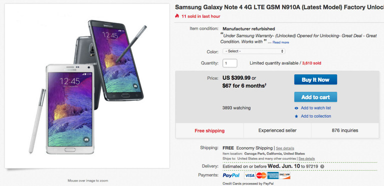 Deal:  Refurbished, Unlocked AT&T Galaxy Note 4 is Just $399 at eBay