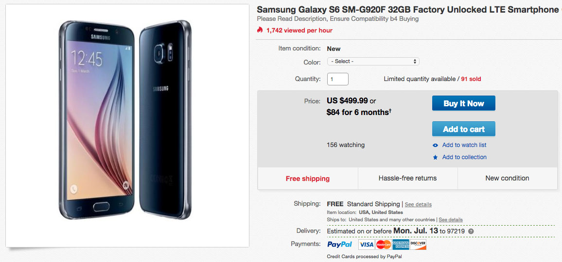 Best Deal Yet:  Unlocked Galaxy S6 for $499 (Black, Gold, White, or Blue Available)