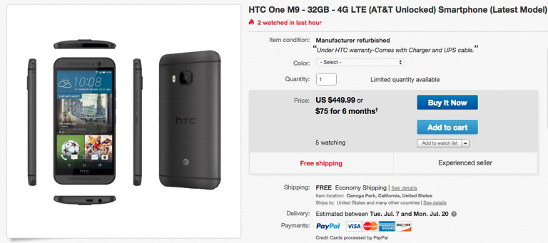 Deal:  Unlocked AT&T HTC One M9 From eBay for $449